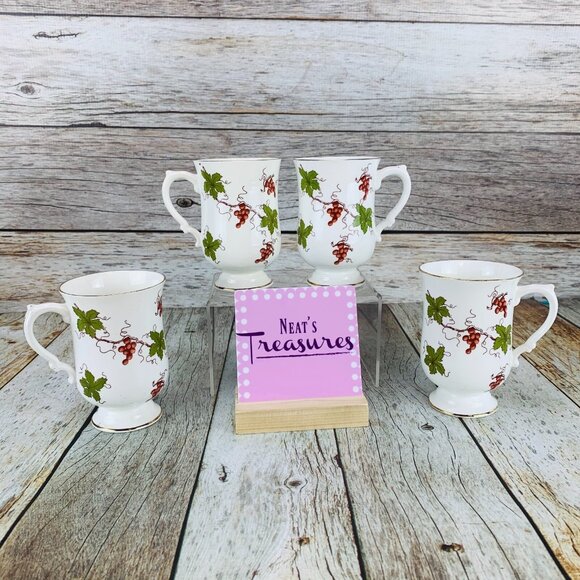 Royal Victoria ROV1 Fine Bone China Red Grapes Green Leaves Pedestal Mugs Set 4 - Picture 1 of 9